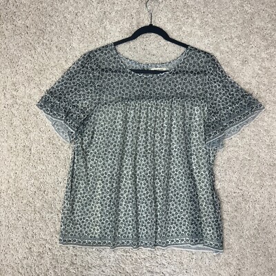 Max Studio Mesh Ruffle Blouse Womens 1X  Black White Geometric Lined