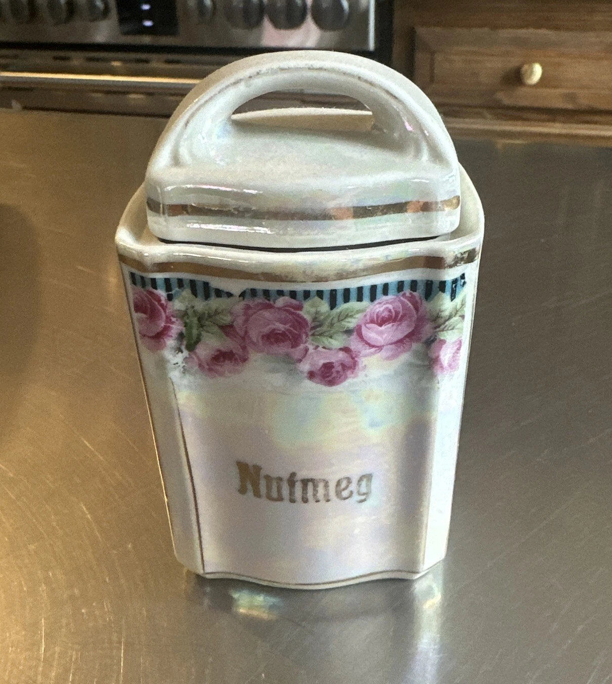 Lusterware Canister Jar Nutmeg Spice Pink Roses 2730 GERMANY Vintage
