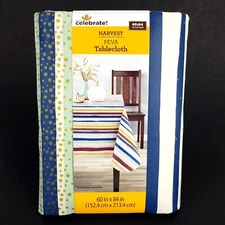 Harvest Peva Tablecloth Stripe Blue Beige Gold Dots 60x84" Way To Celebrate