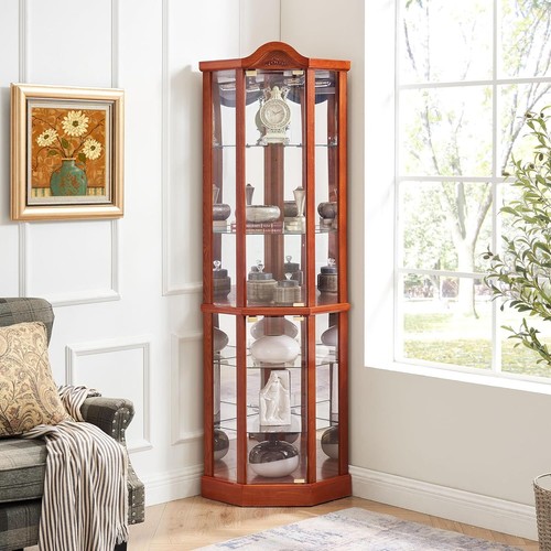 Lighted Corner Display Curio Cabinet Wine Cabinet Liquor Storage Area Curved Top - Picture 3 of 37