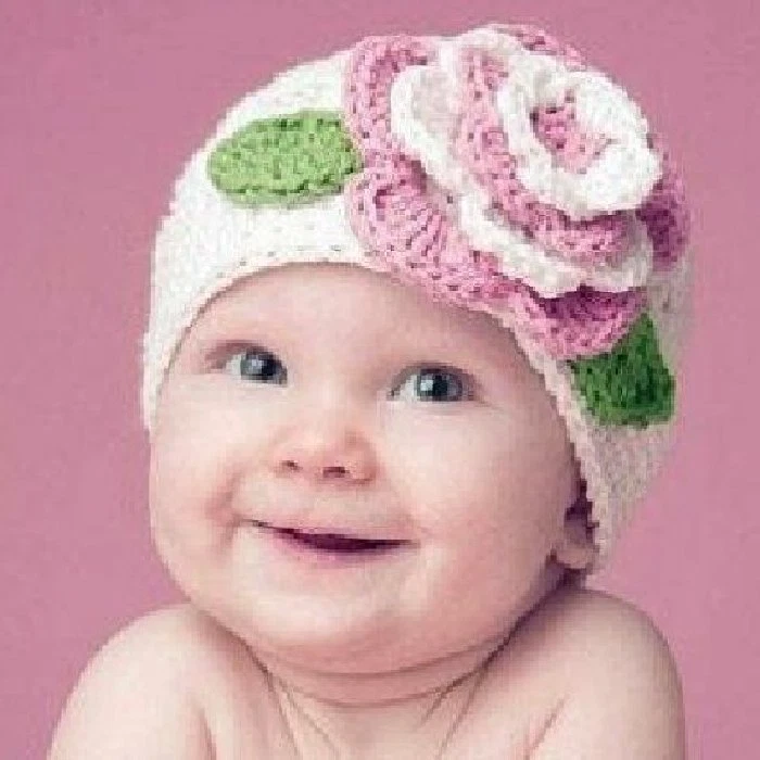 Baby Beanie With Flowers White Pink Worked Girl Häckel Cap New