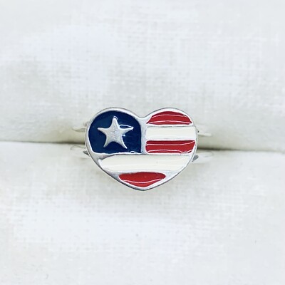 925 Sterling Silver America American Flag Heart Star Open Split Ring Size 3 Avon