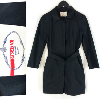 Women's Prada Milano Polyester Trench Coat Black Belted Overcoat