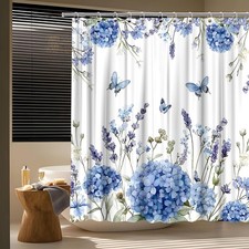 Blue Purple Hydrangea Floral Shower Curtain, Leaves Butterfly 70W x 70L Wate