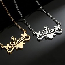 Personalized Stainless Steel Name Necklace Heart Crown Butterfly Custom Letter
