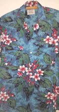 Vtg 50s WINGS Cotton Floral Flower Blue Hawaiian Tiki Loop Collar Button Shirt M