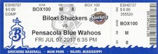 Ticket Stub: Biloxi Shuckers vs Pensacola Blue Wahoos - July 7, 2017 Ticket Stub: Biloxi Shuckers vs Pensacola Blue Wahoos - July 7, 2017