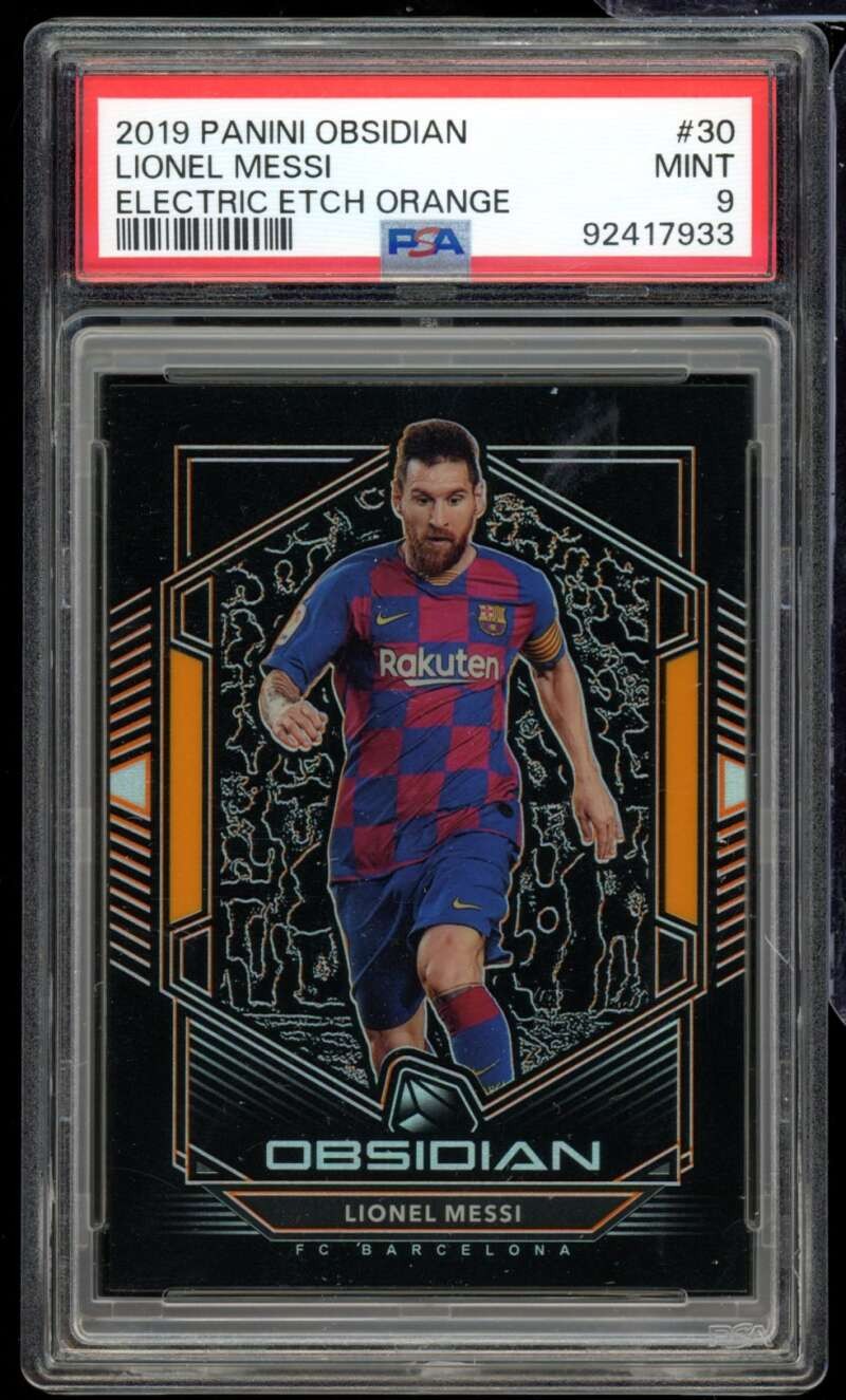 Lionel Messi Card 2019-20 Panini Obsidian Electric Etch Orange (25/35) #30 PSA 9