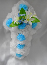 Funeral Artificial flowers cross Blue White carnations funeral wreath grave  
