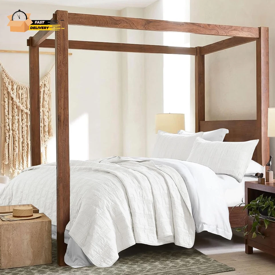 100% Cotton Quilt Set King Size, White Pre-Washed 3-Piece Bedspread Coverlet Se - Image 4 of 4