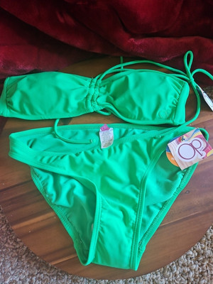 OP Ocean Pacific Swim String Bikini Top Hipster Bottoms Green M (7-9) New NWT
