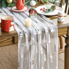 White Silver Christmas Tree Gauze Table Runner 120 Inch 10FT, Glitter Metallic F