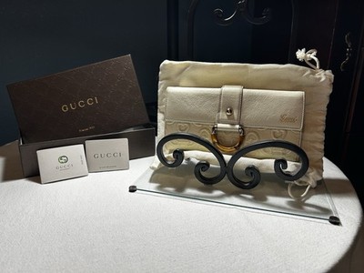 Authentic  Women Gucci D-ring Bamboo Wallet In Creamed Colored Leather