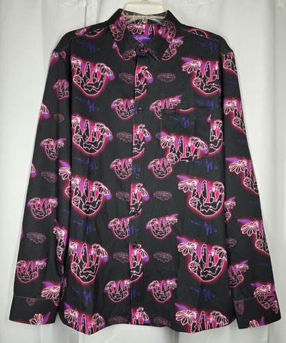 Retro Rifle Dress Shirt Sz M Slow N Steady Sloth Bazooka Rocket Purple Neon