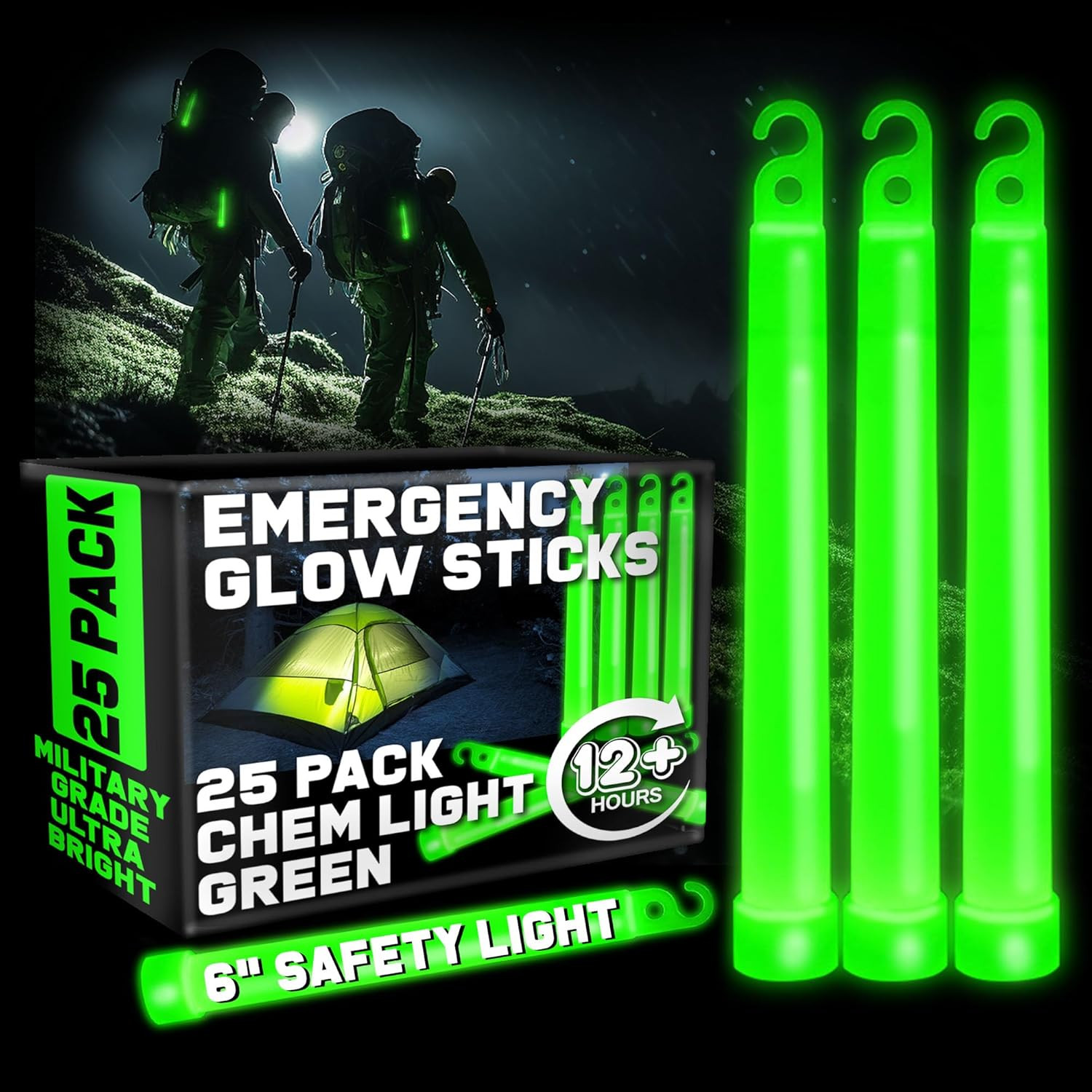 Military Grade Green Glow Sticks - 25 Pack - 12 Hour Bulk Tactical Light Sticks