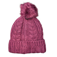 Time And Tru Hat Beanie Womens One Size Pink Cable Knit Pom Pom Lined Winter