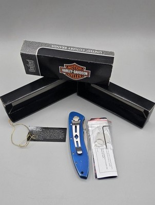 Harley Davidson HD0034 Flaming Legend III Blue 2001 HD Knife Original Box&Papers