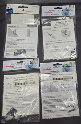 4 Original Bernette Presser Feet - 1/4'' w/Guide, Blind Hem, Cording, Satin - New