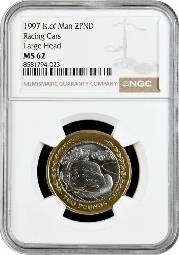 Isle of Man 2 pounds 1997 PM AA, NGC MS62, "Racing Cars, Large Head" Bi-Me