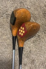Vintage Brassie Driver Pair Antique Persimmon Wood Golf Clubs Brass Sole Plates