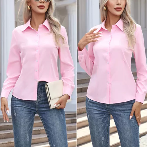 Damen Button Down Shirt Top Bluse Langarm Kragen Einfarbig Büro Arbeit Kleid - Bild 18 von 29