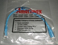 Amerimax Global 12" 1 Ft CAT6 UTP Ethernet Network Patch Cable Blue 550MHz