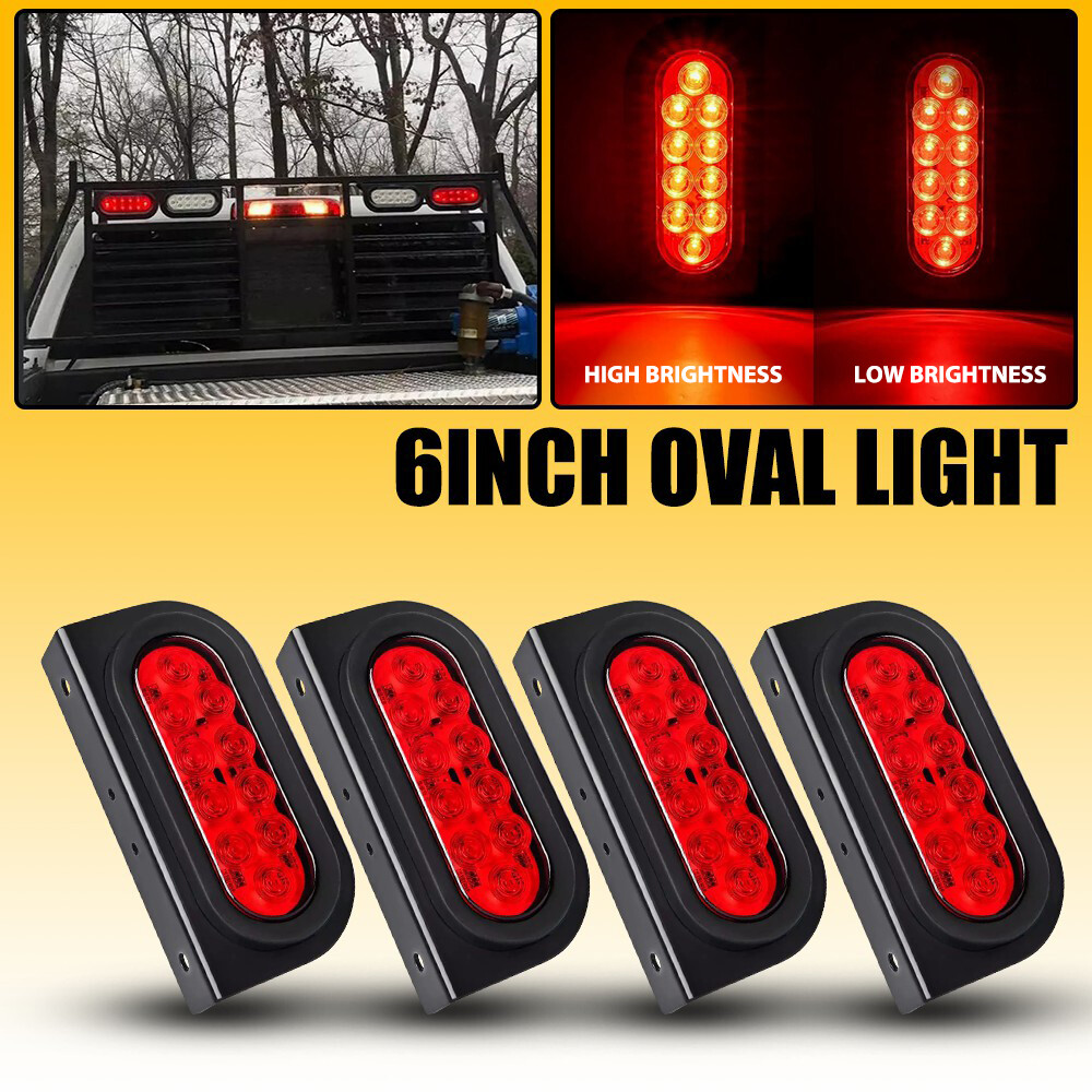 4x LED Red 6-Inch Oval Trailer Truck Stop Turn Tail Lights with Mounting Bracket