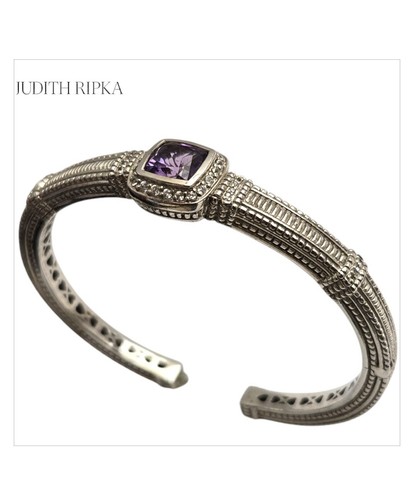 JUDITH RIPKA STERLING SILVER Diamond AMETHYST HINGED CABLE CUFF BRACELET - 第 2/5 張圖片