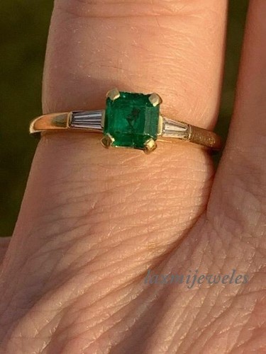 Asscher Cut 2CT Genuine Green Emerald Engagement Wedding Ring 14K Yellow Gold FN - Picture 4 of 5