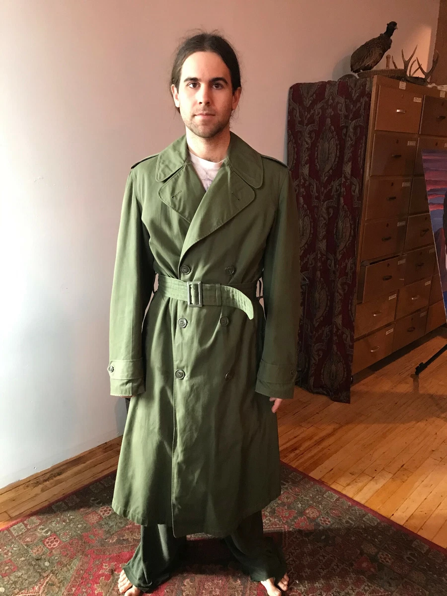US ARMY Vietnam OD Green Military Trench Coat w Liner Small Long