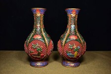Chinese Vintage Lacquerware Carved Painted Beautiful Peony Vases Home Decor Art