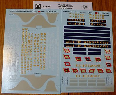 Microscale Decal O #48-487 Wabash E&F Units, Blue&Gray Scheme1949-64 (2 sheets)