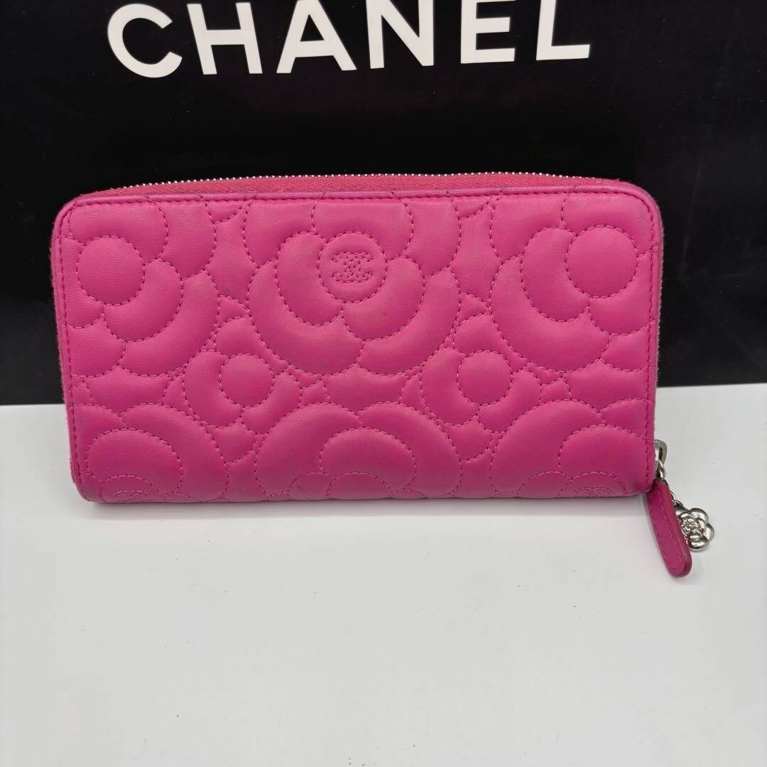 【CHANEL】★Vintage★CAMELIA ジップ ポケット ウォレット Chanel Camellia Lambskin Round Zipper Long Wallet Pink Used