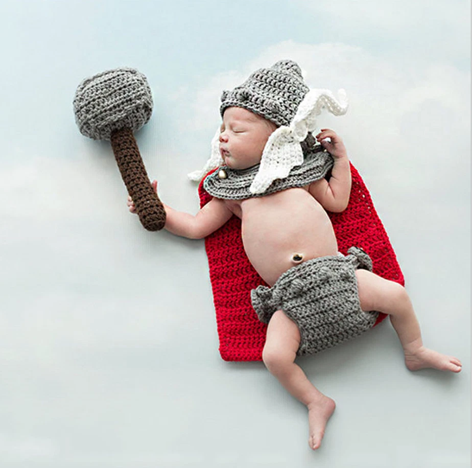 Фотографический реквизит для новорожденного ребенка на день рождения вязаный крючком костюм Тора Мстителя - Изображение 2 из 4