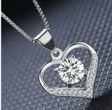 Heart Shaped Silver Zircon Pendant Necklace Inlaid Crystals Necklace 18"