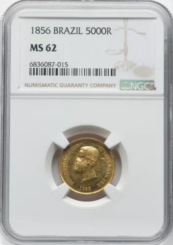 Brazil 1856 - Pedro II 5000 Reis - NGC MS62 - RARE! ONLY 27K STRUCK! CHOICE!