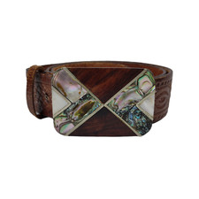 Vintage Mexican Brown Tooled Leather Belt Size L Inlay Buckle Mother of Pearl