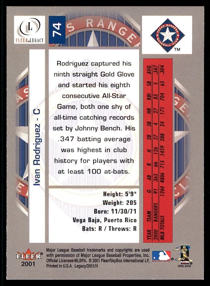 2001 Fleer Legacy #74 Ivan Rodriguez - Image 2 of 2