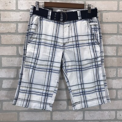 BUCKLE BLACK Tailored Impulse Shorts Men's 28 White Blue Plaid Belted