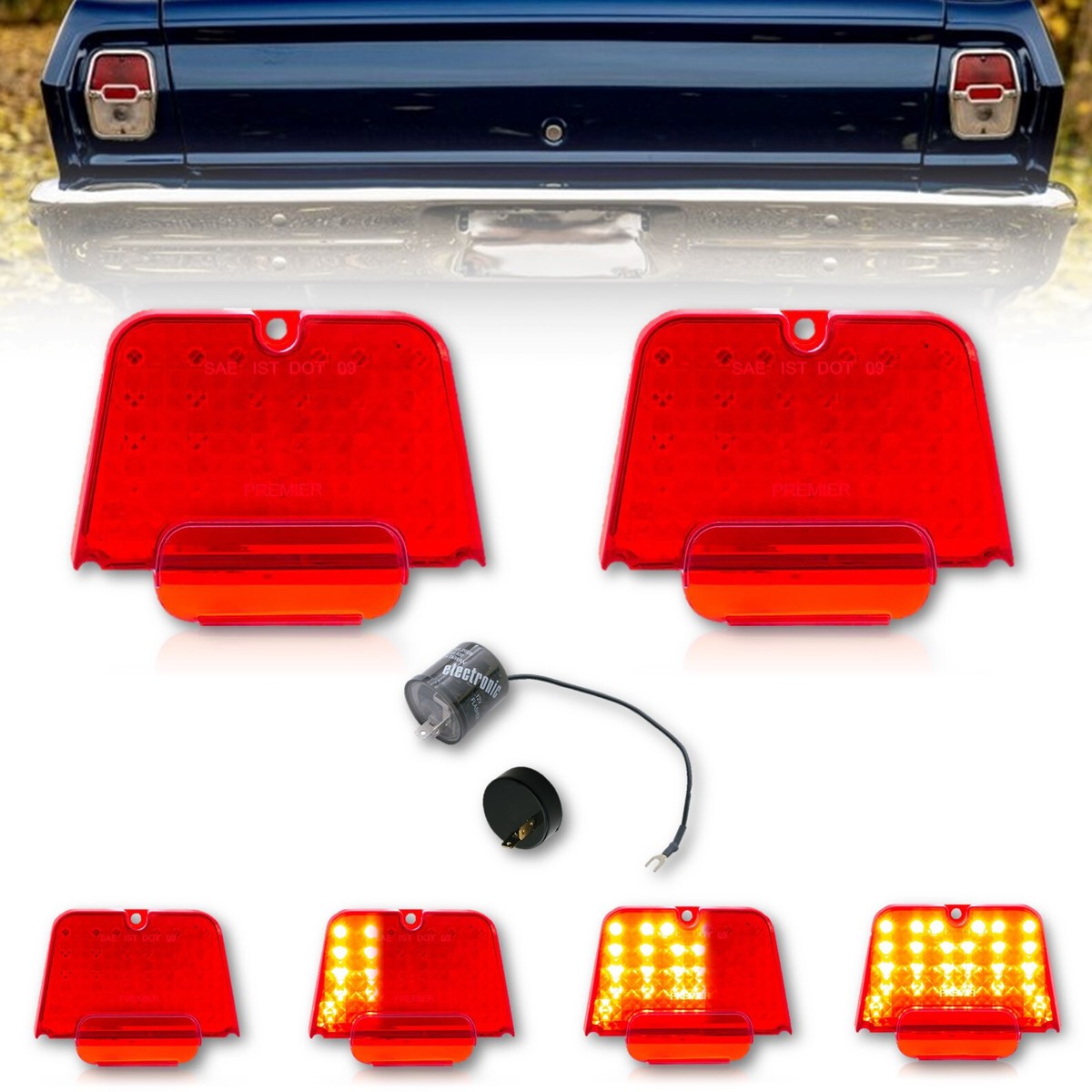 Red LED Sequential Tail Brake Light Lens & Flasher PAIR for 62-64
