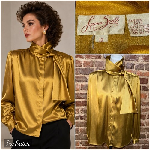 Vintage Laura Scott 80’s Power Blouse Gold Classic Pussy Bow Button Satin Sz 12