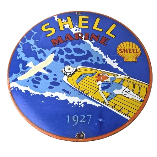 Vintage Shell Gasoline Sign - Marine Boat Porcelain Gas Pump Advertising Sign