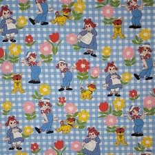 Vintage 1 yd Raggedy Ann Andy Blue Checkered Floral Character Fabric
