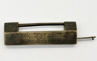 Antique Chinese Etched Flower Brass Padlock Key