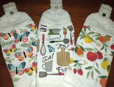 Crochet Top ''3'' Full Hanging Kitchen Dish Towels (Butterflies,Utensils,Fruit)