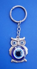 Vintage Silver Tone Owl Bird Keychain with Good Luck Evil Eye