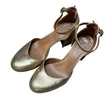 Sézane Gold Textured Leather Block Heel Ankle Strap Pumps d'Orsay Shoes 37