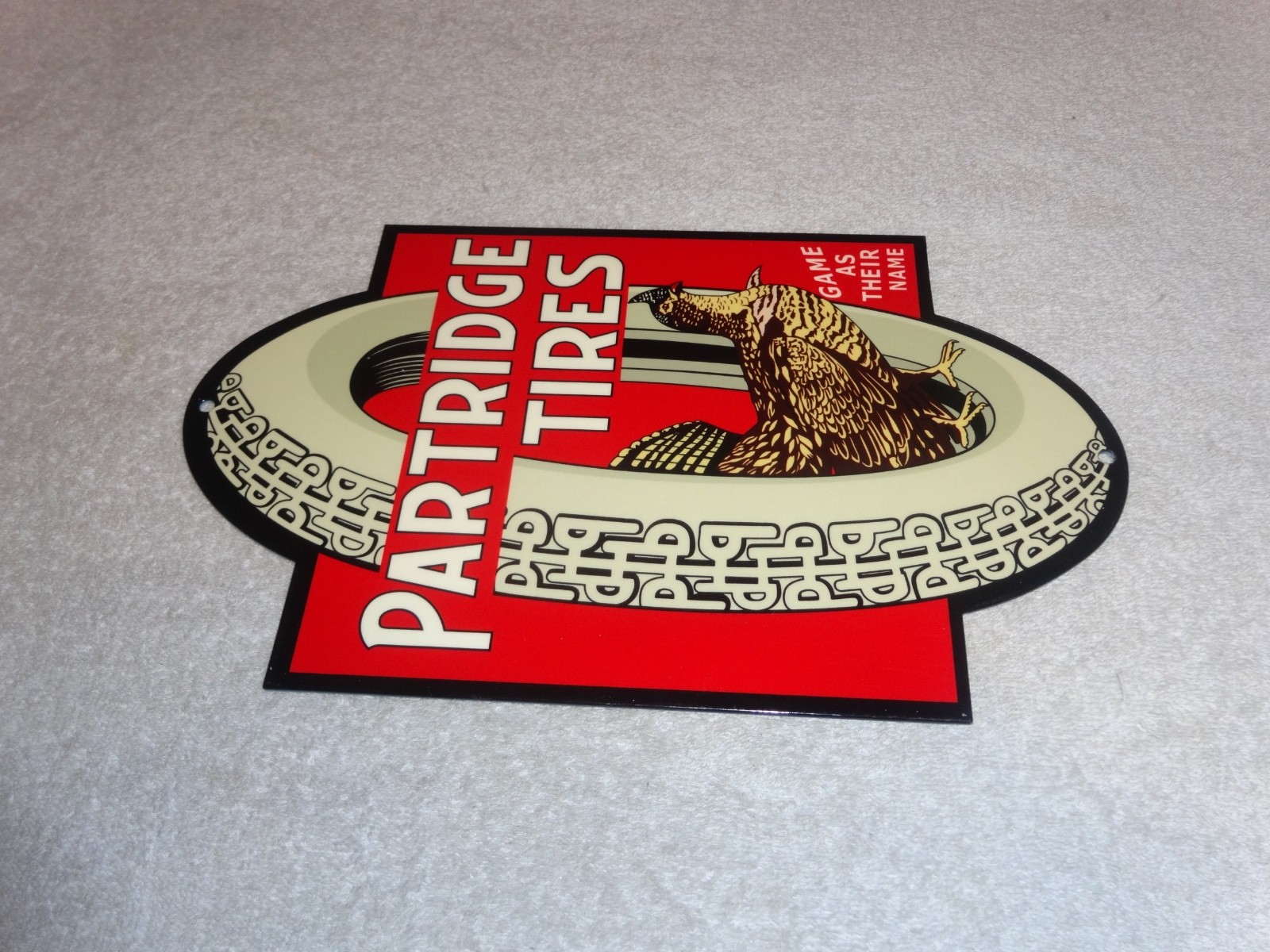 VINTAGE "PARTRIDGE TIRES" W/ HEN / ROOSTER 12" METAL TIRE GAME GASOLINE OIL SIGN