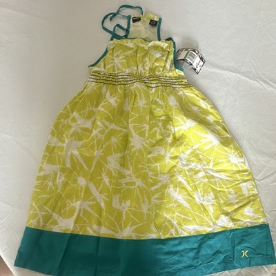 Hurley Smocked Abstract Girl Midi Sundress Square Neck Sleeveless Tie Green/Teal