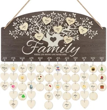 Family Tree Birthday Reminder Board 16"x8" Wooden Tracker w/100 Tags